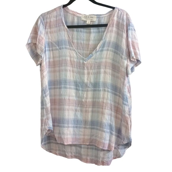 Cloth and Stone Shirt Pastel Plaid Short Sleeve Rayon Size‎ Large - Picture 1 of 5
